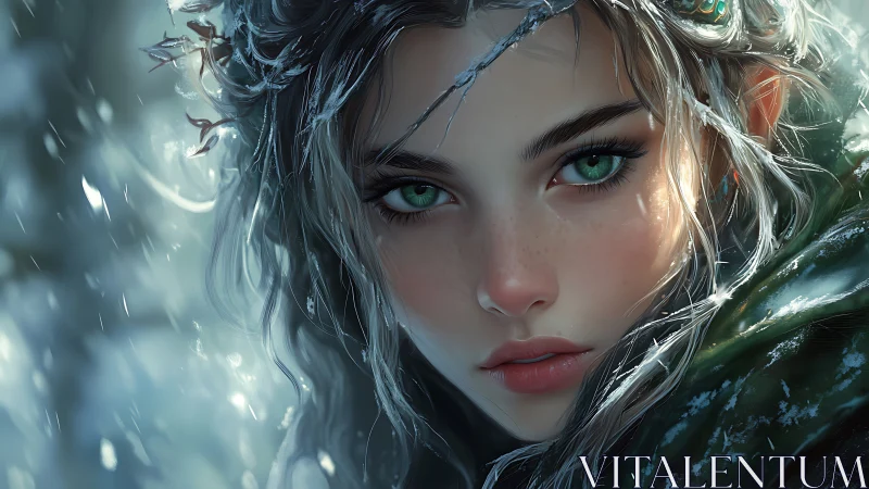 Frost crowned forest girl with emerald storm eyes gazing.