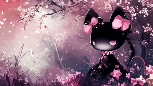 Gothic chibi cat in glowing pink cherry blossom forest.