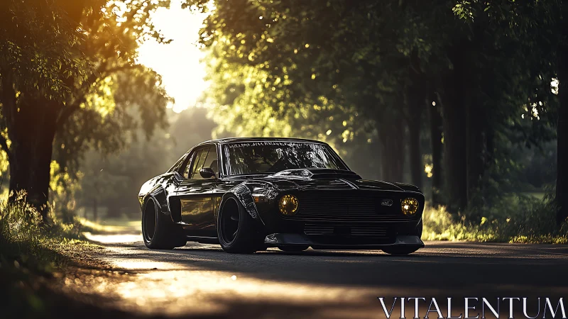 Low-slung widebody muscle coupe under dappled forest sunlight.