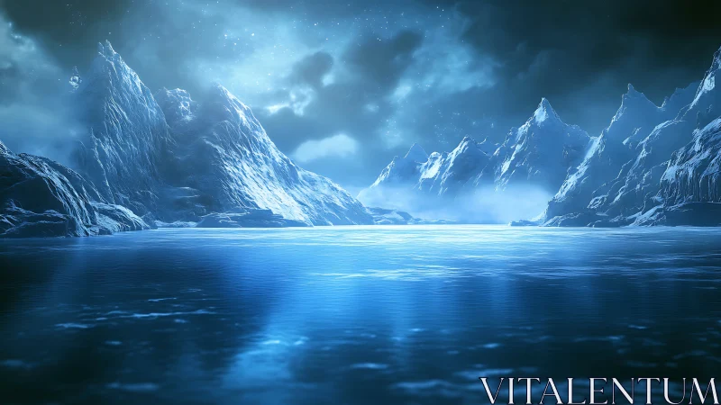 Frozen blue mountain lake under starry polar night.