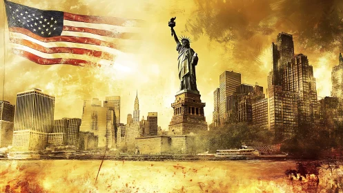 Statue of Liberty and New York skyline in textured overlay