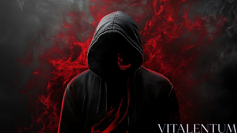 Hooded faceless figure engulfed in red ethereal flame effects