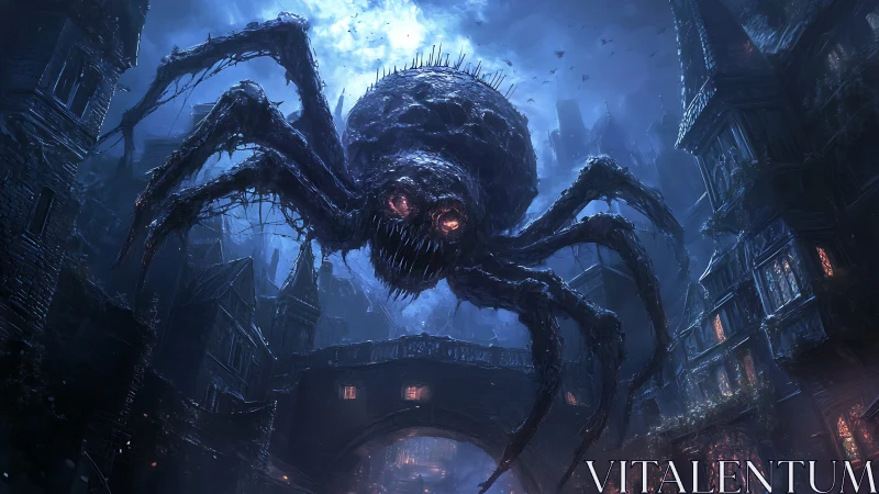 Giant nightmarish spider drifting over a haunted city street.
