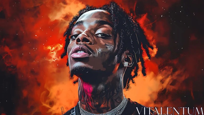 Bold hip hop portrait glowing against fiery orange haze.