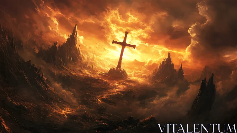 Fiery storm sky engulfs lone cross on jagged wasteland.