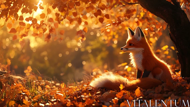 Fox under tree in autumn foliage with warm backlighting.