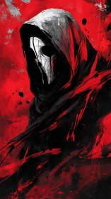 Hooded reaper figure emerges in crimson abstract chaos.