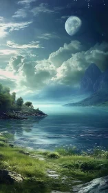 Lunar-illuminated alpine lake under volumetric cloud strata.