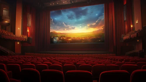 Cozy cinema hall glowing with a dreamy sunset adventure.