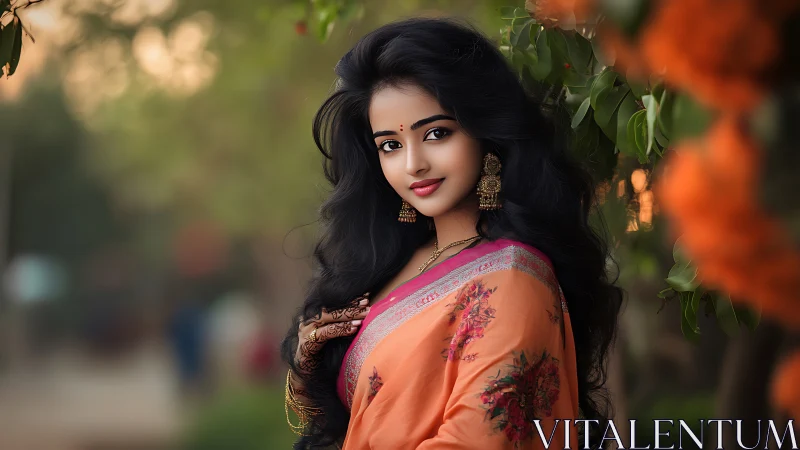 Elegant woman in orange saree with floral designs, outdoor portrait.