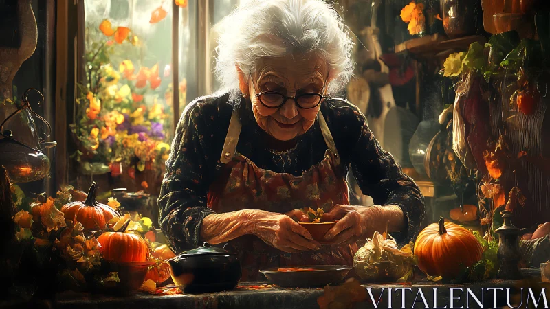Elderly woman prepares food at a cluttered autumn worktable