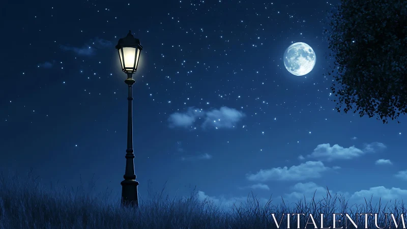 Solitary lamppost illuminates a moonlit, star-dense nightscape