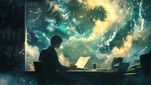 Starlit reader quietly explores a glowing cosmic sky