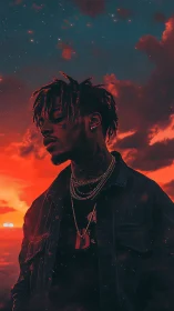 Backlit portrait under high-contrast cyan-red cinematic sunset sky