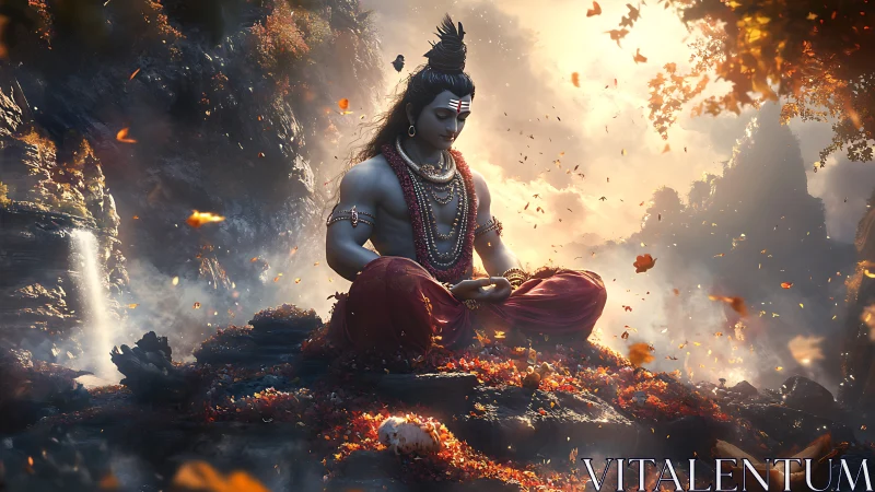 Meditative figure seated in mountainous autumn landscape.