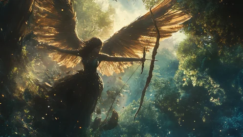 Dawnlit winged huntress draws a forest-sung arrow true.