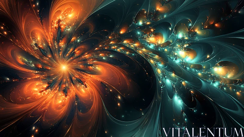 Stellar bloom unraveling into teal and amber cosmic streams.
