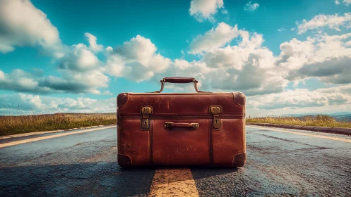 Vintage suitcase waits alone on an open country road.