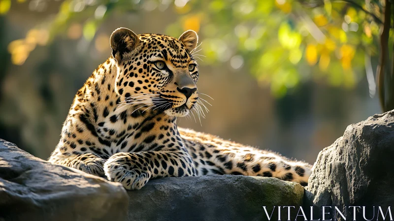Sunlit leopard resting calmly on warm forest rocks.