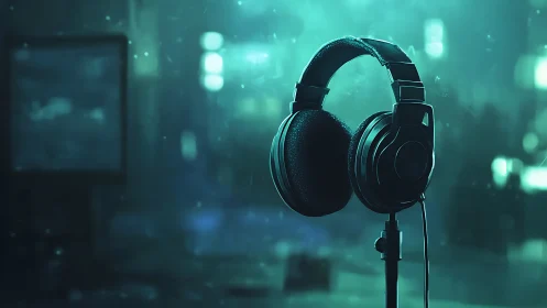 Acoustic isolation headset on stand in teal bokeh environment.