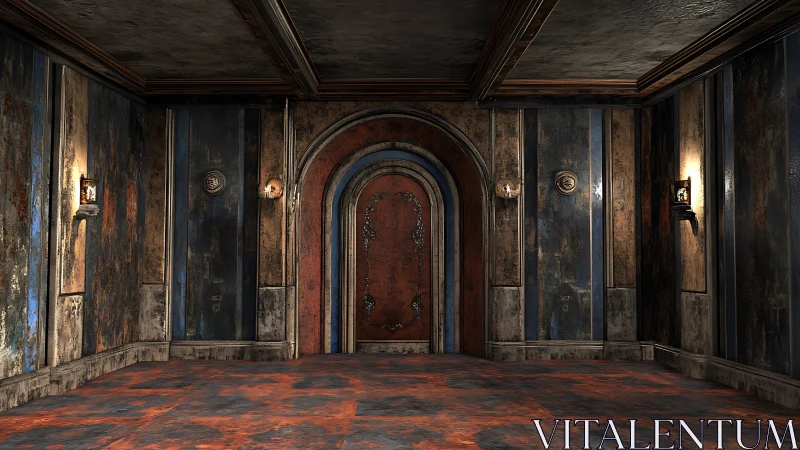 Aged interior room with arched central door and wall lights.