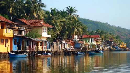 Fluvial tropical settlement with chromatic facades and moored craft.