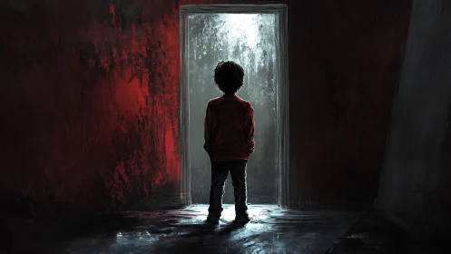 Backlit child silhouette at high-contrast threshold doorway.