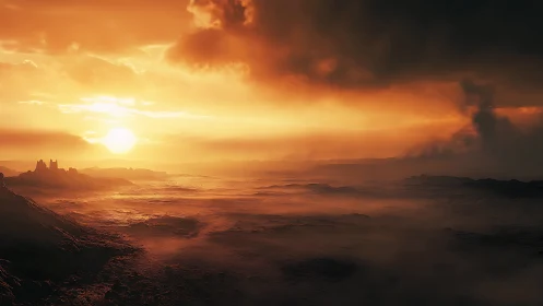 Ashen horizons and a molten sunset over forsaken ruins.