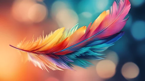 Multicolored feather against defocused gradient background.