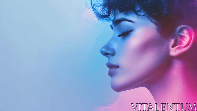 Side profile portrait in blue and pink neon light glow.