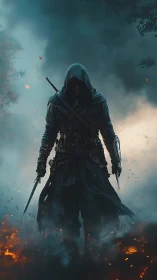 Shadowblade wanderer strides through embers and storm.