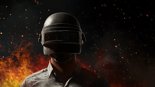 Armored soldier portrait against burning battlefield flames.