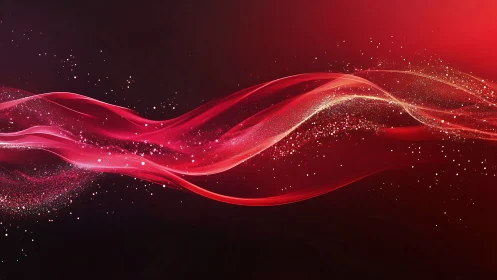 Red luminous waveforms with particle trails on dark field.