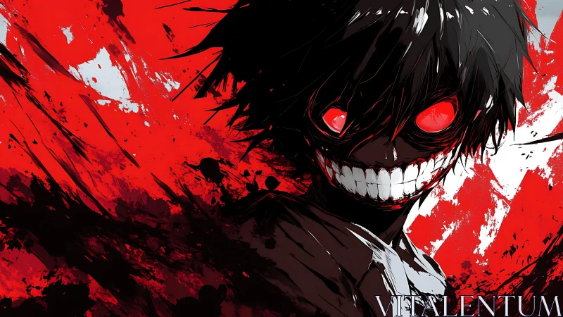 Sinister red-eyed anime figure against violent red field.