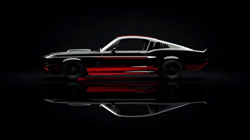 Classic fastback muscle car on reflective black backdrop.
