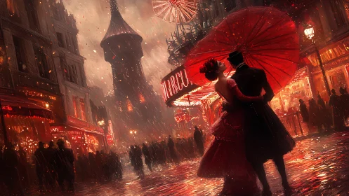 Silhouetted figure holds red umbrella beneath gothic tower in luminous urban reverie.