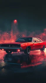 Classic red muscle car under volumetric neon street lighting at night