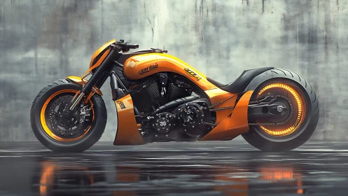 Orange low-slung concept motorcycle in wet urban setting.