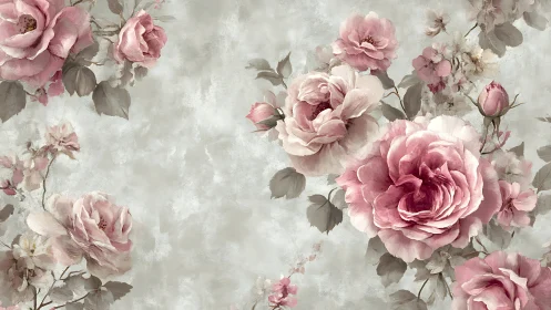 Soft-Focus Vintage Peonies and Garden Roses on Textured Plaster.