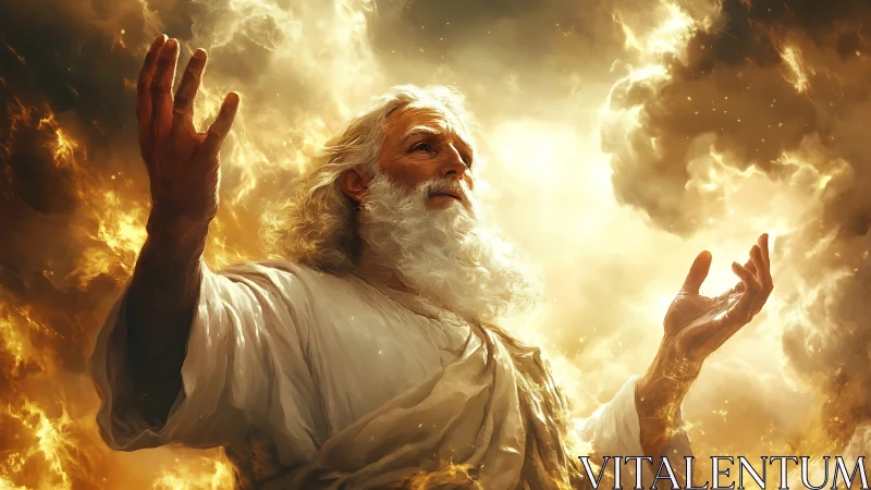 Elderly robed figure in luminous cloud and fire environment.