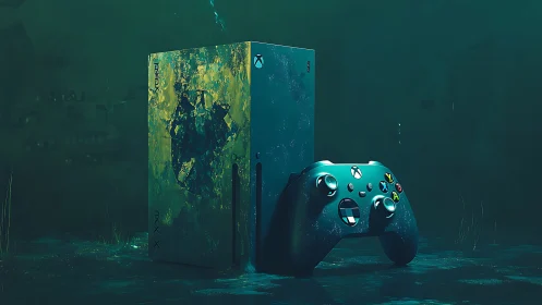 Immersive teal Xbox console and controller in moody glow.