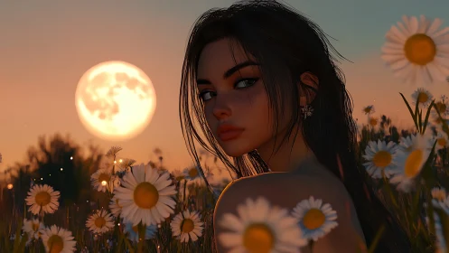 Moonlit digital portrait integrates dusk florals and soft focus