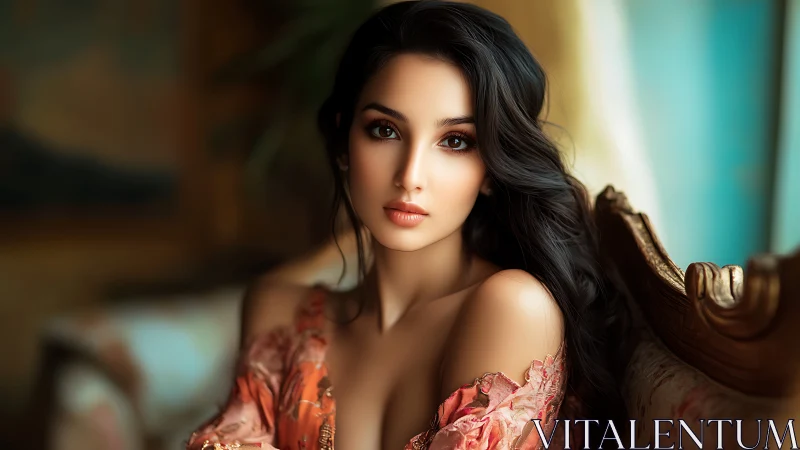 Digital portrait of young woman on ornate vintage chair.