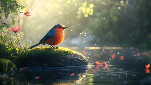 Vibrant robin on mossy rock by pond in dreamy, sunlit forest scene.