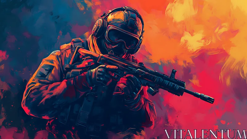 Armored infantry soldier with rifle in abstract color field.