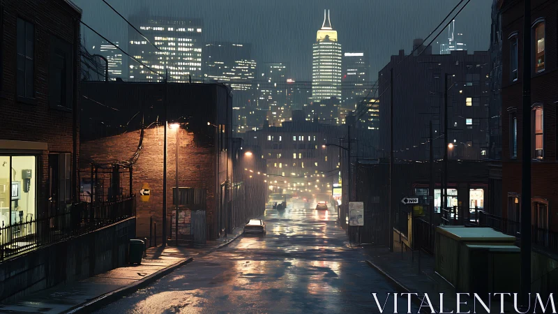 Rain-slick backstreet hums quietly beneath glassy towers