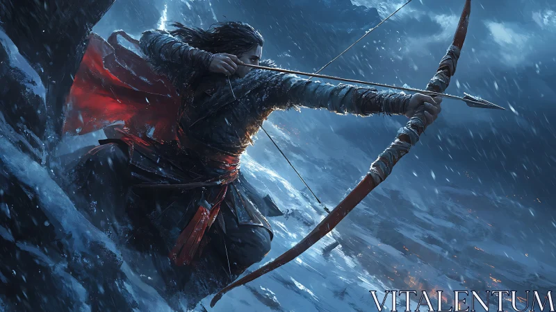 Archer braces on icy cliff, drawing longbow in blizzard crosswind