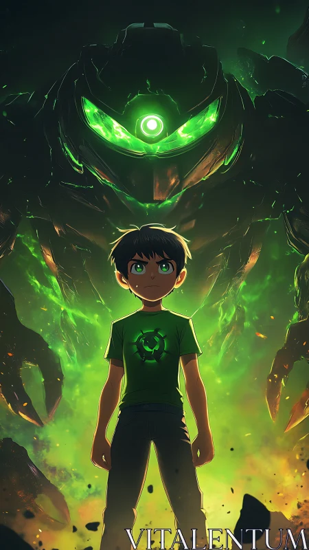 Boy stands before glowing green robot in fiery haze