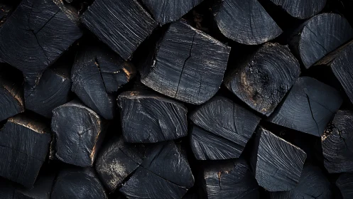 Stacked Charcoal Logs with Angular Cross-Section Analysis and Weathered Surface Texture