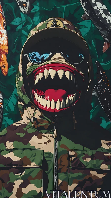 Camo clad figure wears a fierce toothy mask amid painted fish